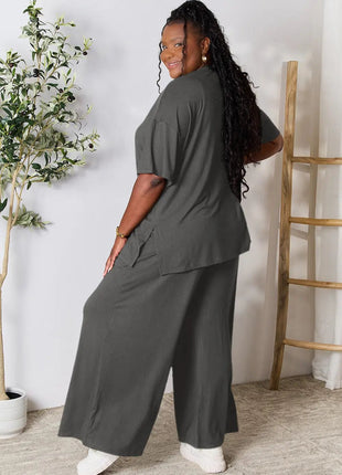 Double Take Full Size Round Neck Slit Top and Pants Set - MimiStylez