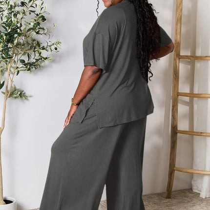 Double Take Full Size Round Neck Slit Top and Pants Set - MimiStylez