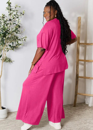 Double Take Full Size Round Neck Slit Top and Pants Set - MimiStylez