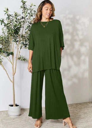Double Take Full Size Round Neck Slit Top and Pants Set - MimiStylez