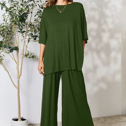 Double Take Full Size Round Neck Slit Top and Pants Set - MimiStylez