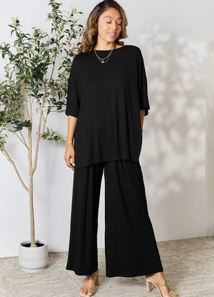 Double Take Full Size Round Neck Slit Top and Pants Set - MimiStylez