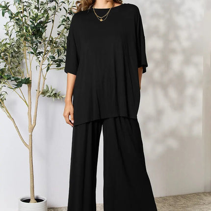 Double Take Full Size Round Neck Slit Top and Pants Set - MimiStylez