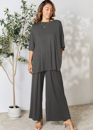 Double Take Full Size Round Neck Slit Top and Pants Set - MimiStylez