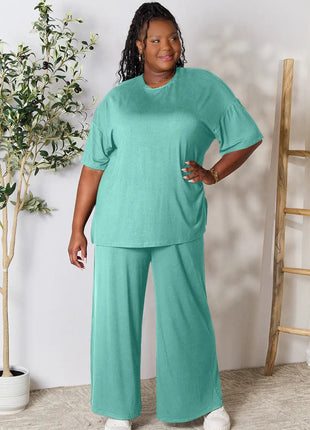 Double Take Full Size Round Neck Slit Top and Pants Set - MimiStylez