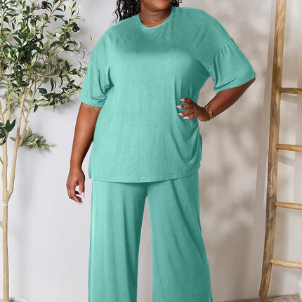 Double Take Full Size Round Neck Slit Top and Pants Set - MimiStylez