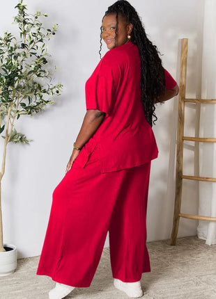 Double Take Full Size Round Neck Slit Top and Pants Set - MimiStylez