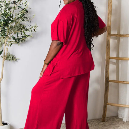 Double Take Full Size Round Neck Slit Top and Pants Set - MimiStylez
