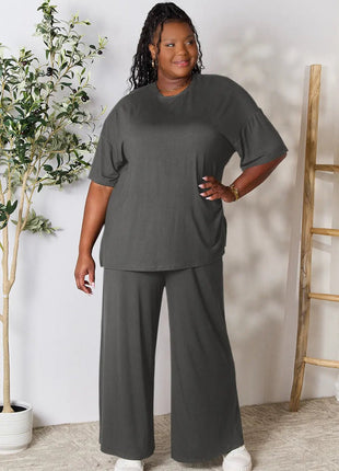 Double Take Full Size Round Neck Slit Top and Pants Set - MimiStylez