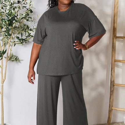 Double Take Full Size Round Neck Slit Top and Pants Set - MimiStylez