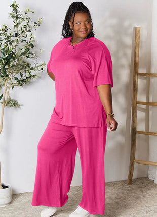 Double Take Full Size Round Neck Slit Top and Pants Set - MimiStylez