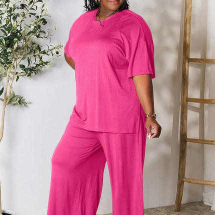 Double Take Full Size Round Neck Slit Top and Pants Set - MimiStylez