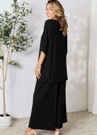 Double Take Full Size Round Neck Slit Top and Pants Set - MimiStylez