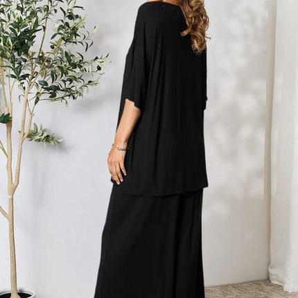 Double Take Full Size Round Neck Slit Top and Pants Set - MimiStylez