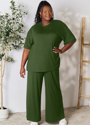Double Take Full Size Round Neck Slit Top and Pants Set - MimiStylez
