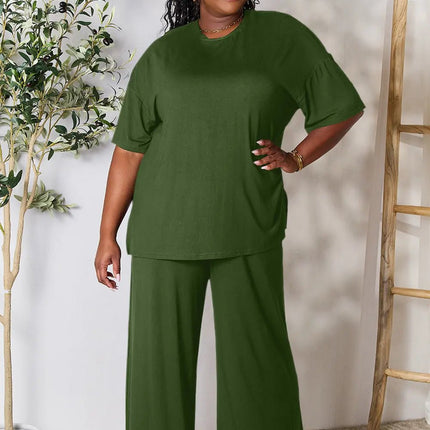 Double Take Full Size Round Neck Slit Top and Pants Set - MimiStylez