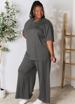 Double Take Full Size Round Neck Slit Top and Pants Set - MimiStylez