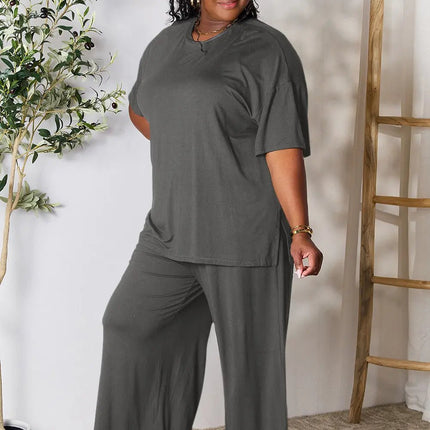 Double Take Full Size Round Neck Slit Top and Pants Set - MimiStylez