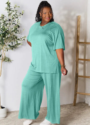 Double Take Full Size Round Neck Slit Top and Pants Set - MimiStylez