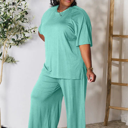 Double Take Full Size Round Neck Slit Top and Pants Set - MimiStylez