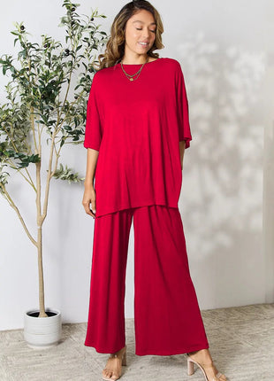 Double Take Full Size Round Neck Slit Top and Pants Set - MimiStylez