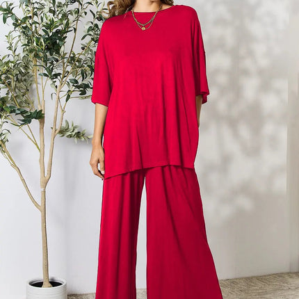 Double Take Full Size Round Neck Slit Top and Pants Set - MimiStylez