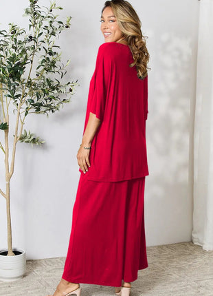 Double Take Full Size Round Neck Slit Top and Pants Set - MimiStylez