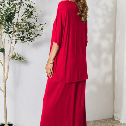 Double Take Full Size Round Neck Slit Top and Pants Set - MimiStylez