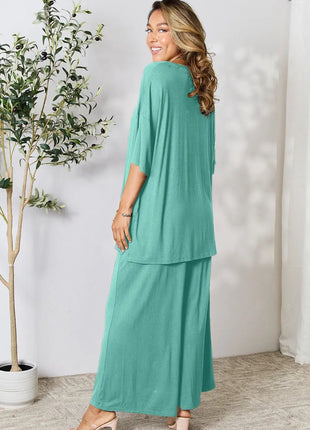 Double Take Full Size Round Neck Slit Top and Pants Set - MimiStylez