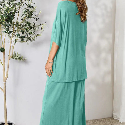 Double Take Full Size Round Neck Slit Top and Pants Set - MimiStylez