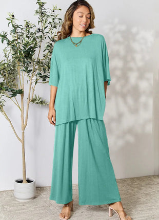 Double Take Full Size Round Neck Slit Top and Pants Set - MimiStylez