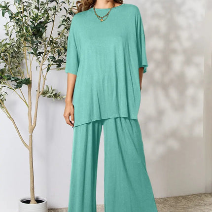 Double Take Full Size Round Neck Slit Top and Pants Set - MimiStylez