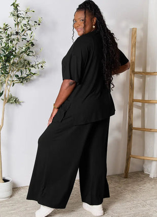 Double Take Full Size Round Neck Slit Top and Pants Set - MimiStylez