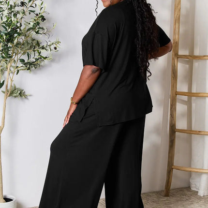 Double Take Full Size Round Neck Slit Top and Pants Set - MimiStylez