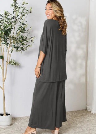 Double Take Full Size Round Neck Slit Top and Pants Set - MimiStylez