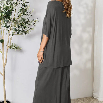 Double Take Full Size Round Neck Slit Top and Pants Set - MimiStylez