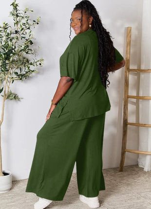 Double Take Full Size Round Neck Slit Top and Pants Set - MimiStylez