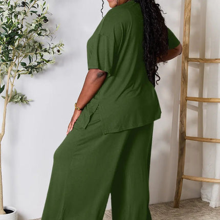 Double Take Full Size Round Neck Slit Top and Pants Set - MimiStylez