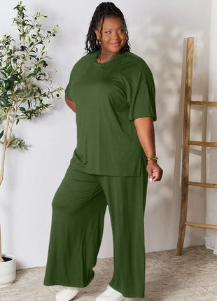 Double Take Full Size Round Neck Slit Top and Pants Set - MimiStylez