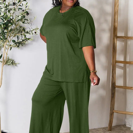 Double Take Full Size Round Neck Slit Top and Pants Set - MimiStylez