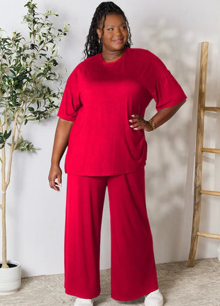Double Take Full Size Round Neck Slit Top and Pants Set - MimiStylez