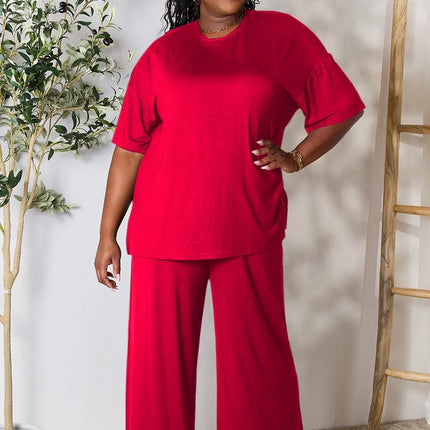 Double Take Full Size Round Neck Slit Top and Pants Set - MimiStylez