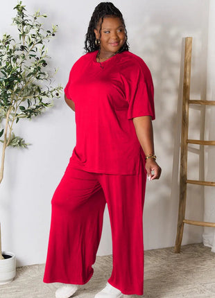 Double Take Full Size Round Neck Slit Top and Pants Set - MimiStylez