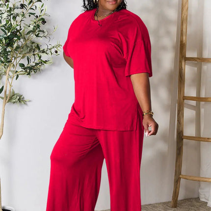 Double Take Full Size Round Neck Slit Top and Pants Set - MimiStylez