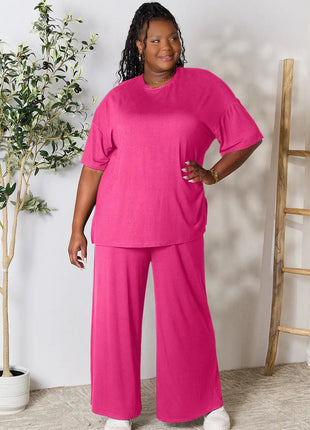 Double Take Full Size Round Neck Slit Top and Pants Set - MimiStylez