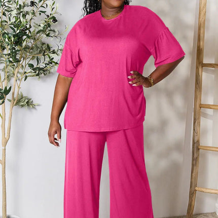 Double Take Full Size Round Neck Slit Top and Pants Set - MimiStylez