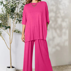Double Take Full Size Round Neck Slit Top and Pants Set - MimiStylez