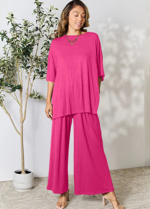 Double Take Full Size Round Neck Slit Top and Pants Set - MimiStylez