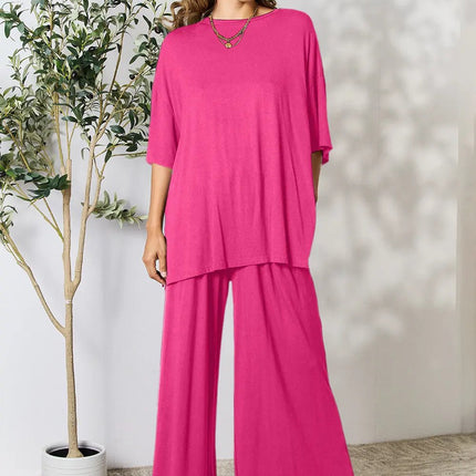Double Take Full Size Round Neck Slit Top and Pants Set - MimiStylez