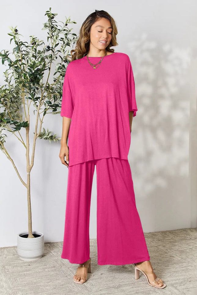 Double Take Full Size Round Neck Slit Top and Pants Set - MimiStylez